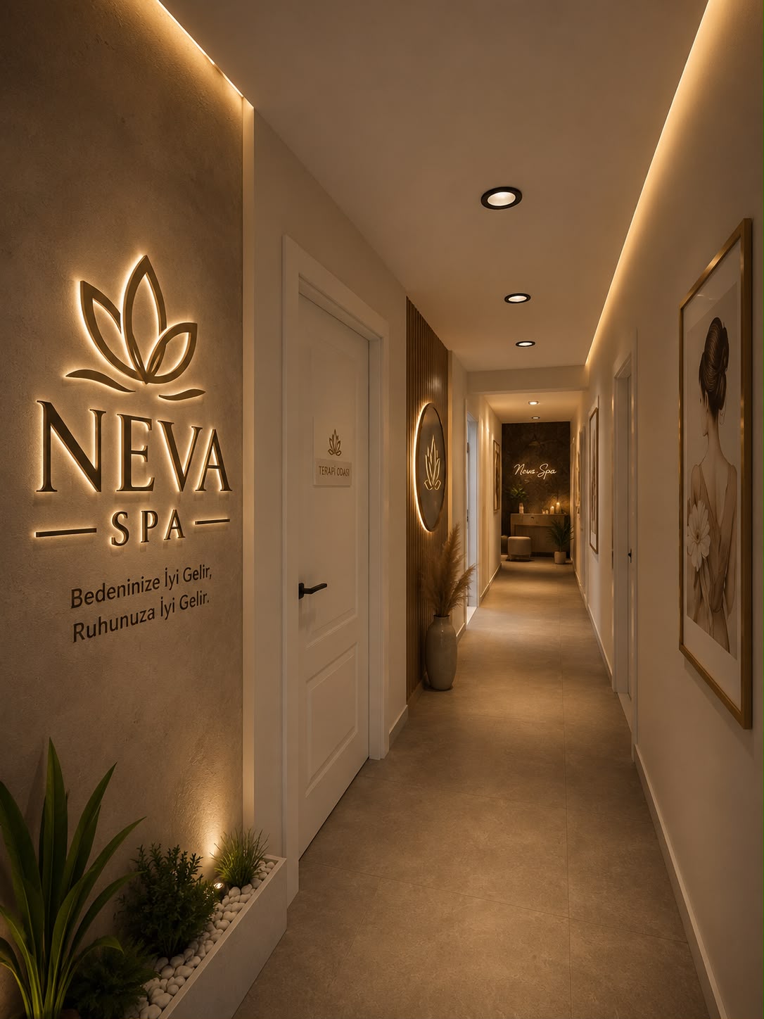 Neva Spa terapi odalarına açılan aydınlatmalı koridor